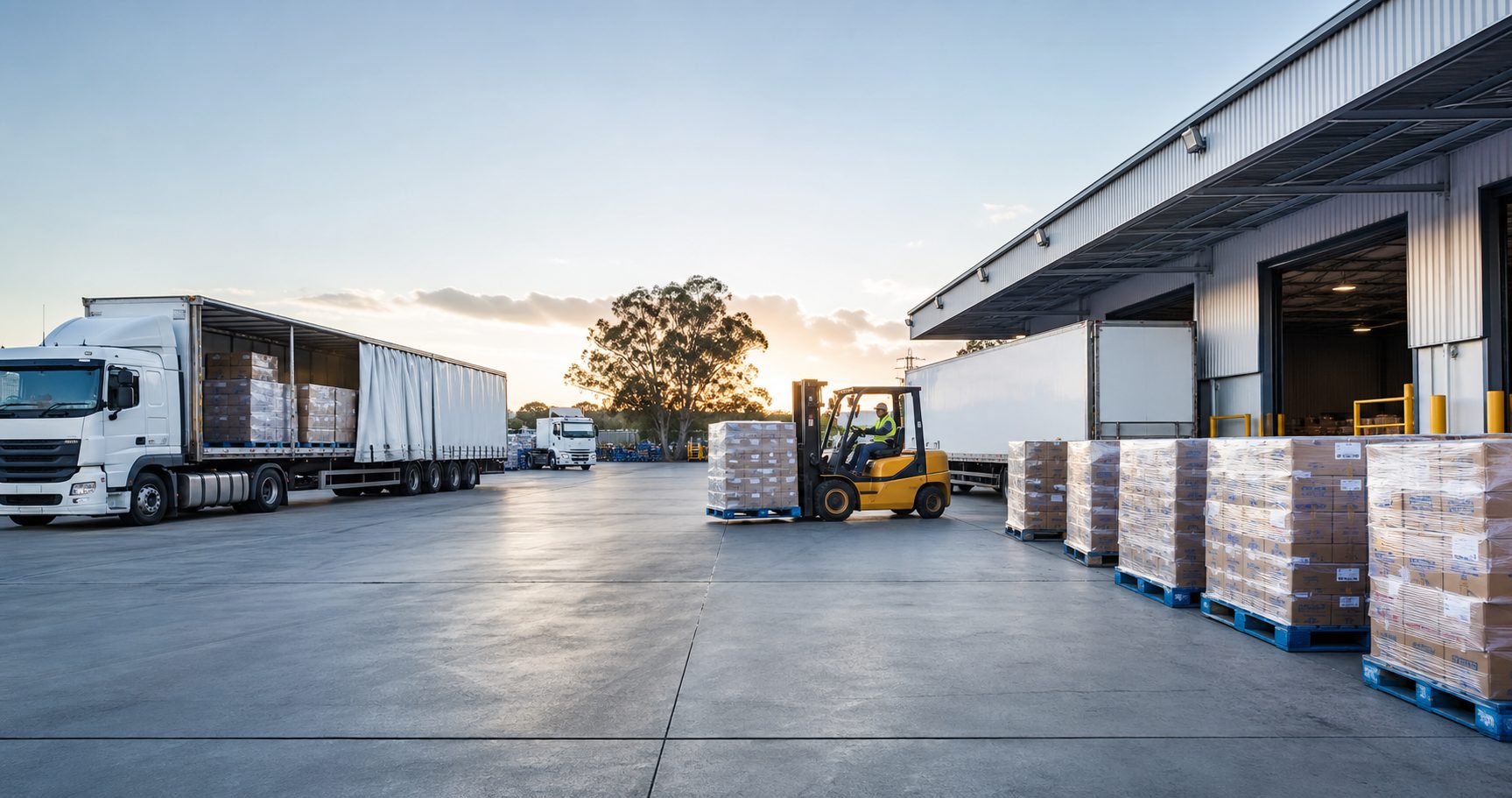 Freight depot dispatch with pallets, forklift and trailers